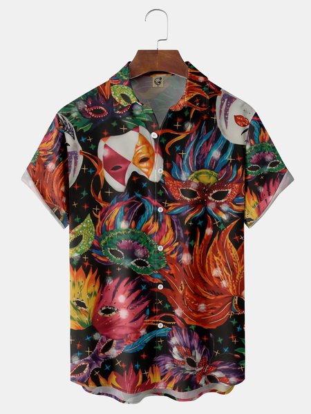 

Brazilian Carnival Chest Pocket Short Sleeve Shirt, Black, Men Shirts