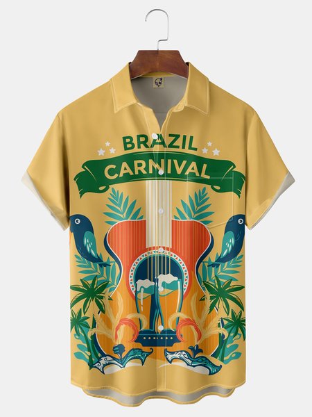 

Brazil Carnival Chest Pocket Short Sleeve Casual Shirt, Yellow, Men Shirts