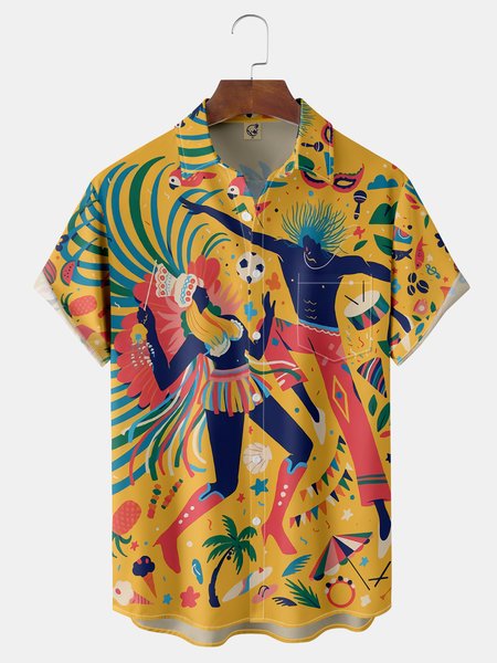 

Brazil Carnival Chest Pocket Short Sleeve Casual Shirt, Yellow, Men Shirts