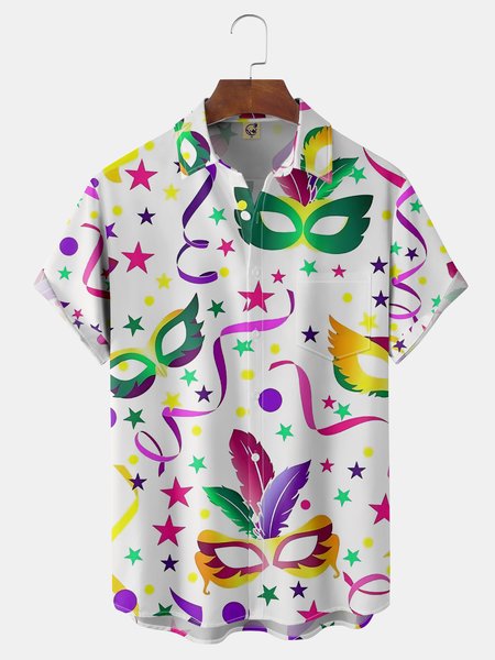 

Brazilian Carnival Chest Pocket Short Sleeve Shirt, White, Men Shirts