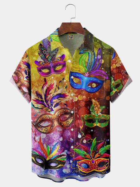 

Brazilian Carnival Chest Pocket Short Sleeve Shirt, Yellow, Men Shirts