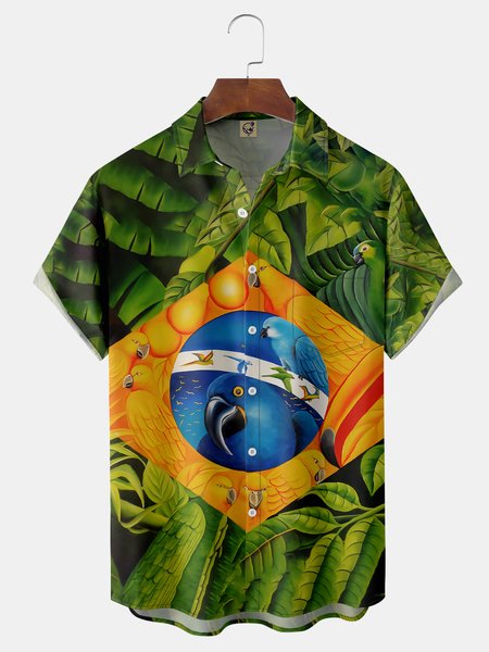 

Brazil Parrots Chest Pocket Short Sleeve Casual Shirt, Green, Men Shirts