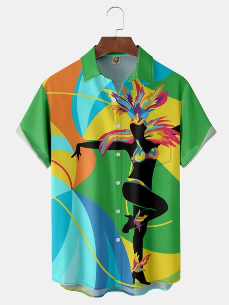 

Brazilian Carnival Chest Pocket Short Sleeve Casual Shirt, Green, Men Shirts