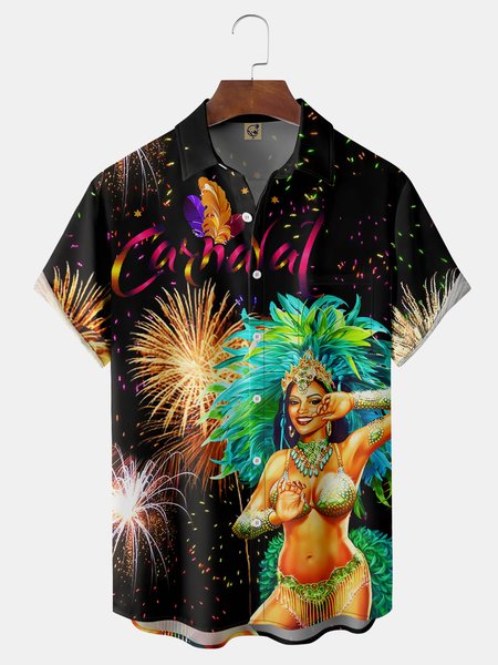 

Brazilian Carnival Chest Pocket Short Sleeve Casual Shirt, Black, Men Shirts
