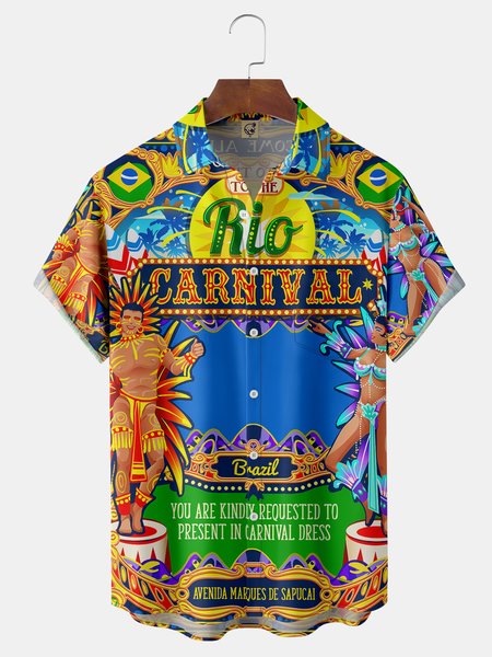 

Brazil Carnival Chest Pocket Short Sleeve Shirt, Blue, Men Shirts