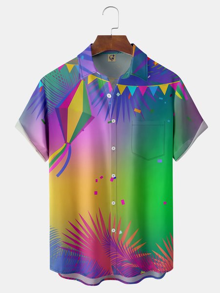

Brazil Carnival Chest Pocket Short Sleeve Casual Shirt, Blue, Men Shirts