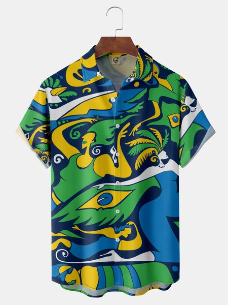 Brazil Carnival Chest Pocket Short Sleeve Shirt, Green, Men Shirts