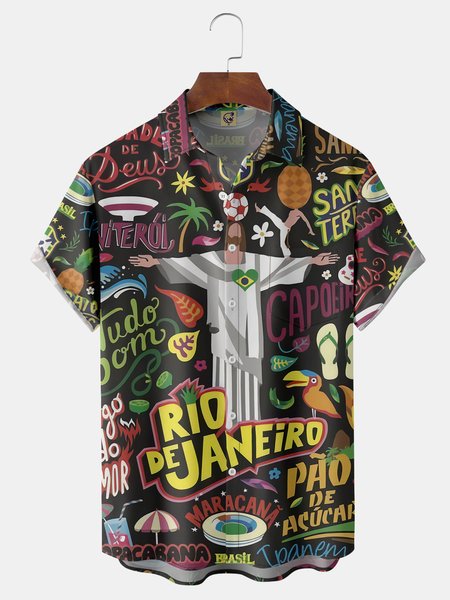

Rio Brazil Carnival Chest Pocket Short Sleeve Casual Shirt, Black, Men Shirts