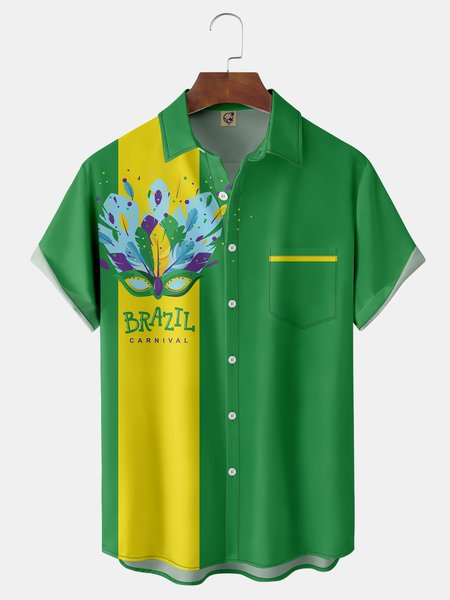 

Brazil Carnival Feather Mask Chest Pocket Short Sleeve Bowling Shirt, Green, Men Shirts