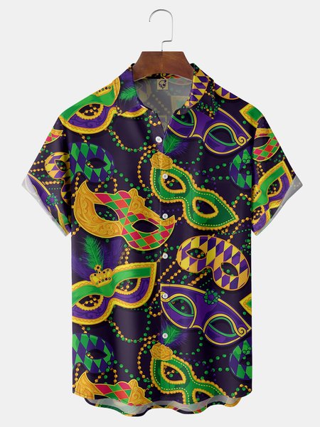 

Brazilian Carnival Chest Pocket Short Sleeve Shirt, Purple, Men Shirts