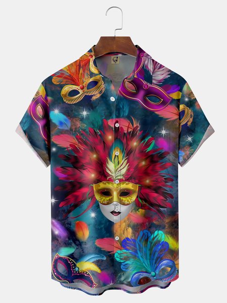 

Brazilian Carnival Chest Pocket Short Sleeve Shirt, Blue, Men Shirts