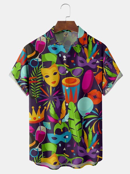 

Carnival Mask Chest Pocket Short Sleeve Casual Shirt, Purple, Men Shirts
