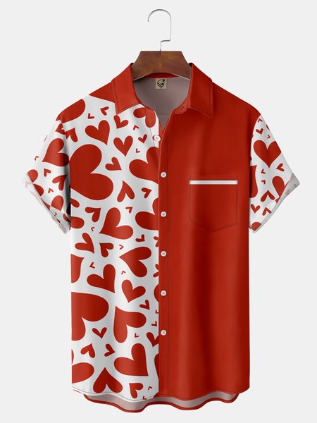 

St Valentine's Day Heart Chest Pocket Short Sleeve Casual Shirt, Red, Men Shirts