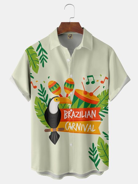 

Brazil Carnival Chest Pocket Short Sleeve Casual Shirt, Green, Men Shirts