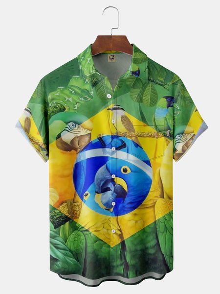 

Brazil Flag Parrots Chest Pocket Short Sleeve Casual Shirt, Green, Men Shirts