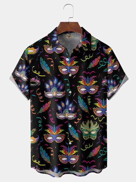 

Brazil Carnival Feather Mask Chest Pocket Short Sleeve Shirt, Black, Men Shirts