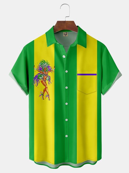 

Brazilian Carnival Chest Pocket Short Sleeve Bowling Shirt, Green, Men Shirts