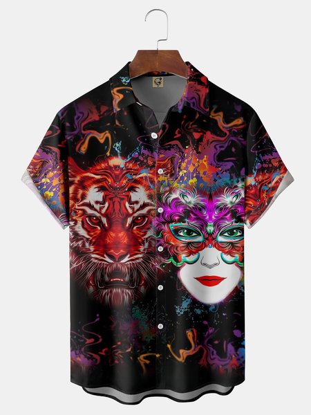 

Brazilian Carnival Chest Pocket Short Sleeve Shirt, Black, Men Shirts