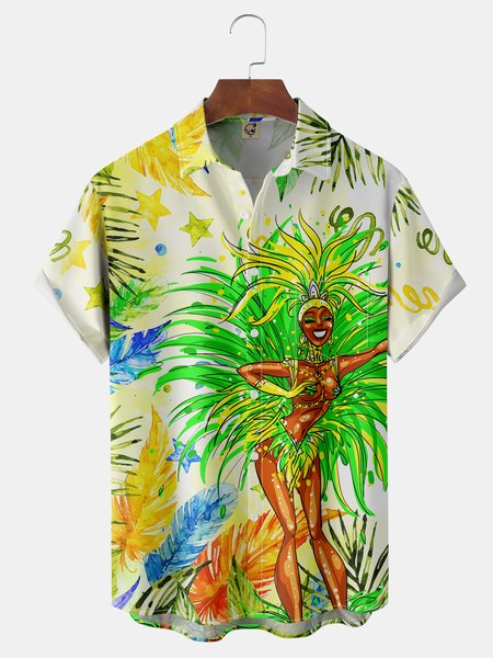 Brazilian Carnival Chest Pocket Short Sleeve Casual Shirt, Green, Men Shirts