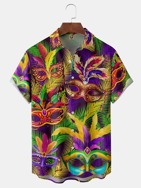

Brazilian Carnival Chest Pocket Short Sleeve Shirt, Purple, Men Shirts