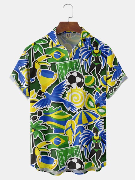 

Brazil Carnival Parrots Chest Pocket Short Sleeve Shirt, Green, Men Shirts