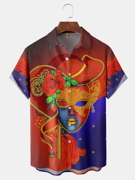 

Brazilian Carnival Chest Pocket Short Sleeve Shirt, Red, Men Shirts