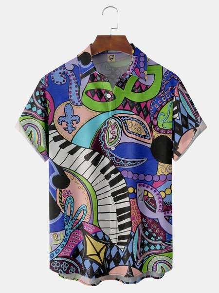 

Brazilian Carnival Mask Chest Pocket Short Sleeve Casual Shirt, Purple, Men Shirts