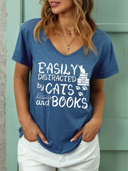 

Women’s Easily Distracted By Cats And Books Casual V Neck Cat Cotton-Blend T-Shirt, Blue, T-shirts