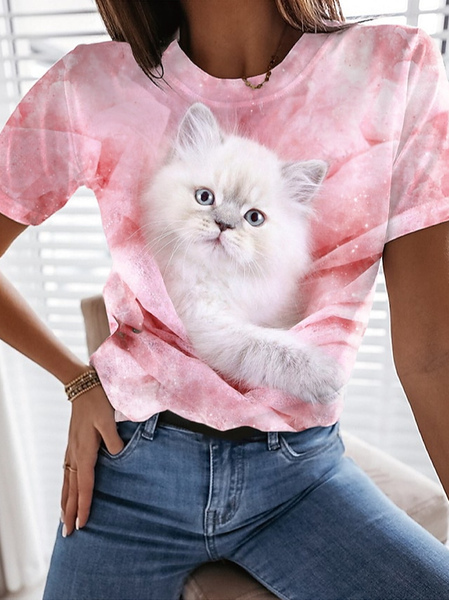 

Cat Crew Neck Casual T-Shirt, Pink, T-Shirts