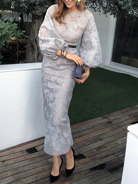 

Elegant Regular Fit Plain Long Sleeve Wedding Party Maxi Dress, Gray, Wedding Guest Dresses
