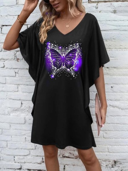 

Butterfly Casual V Neck Loose Dress, Black, Dresses