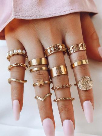 

13Pcs Casual Gold Geometric Chain Ring Set Daily Commuter Party Jewelry, Golden, Rings