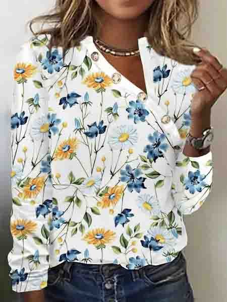

Casual Floral Asymmetrical Loose Top, Multicolor, Shirts & Blouses