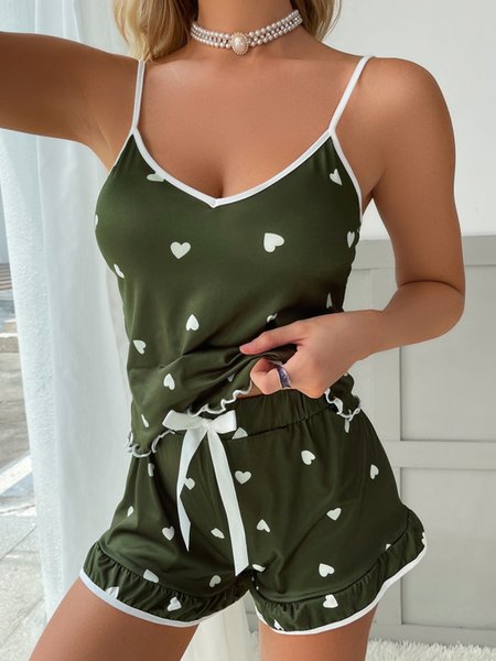 

Valentine's Day Love Print Ice Silk Camisole Pajamas Set Plus Size, Army green, Loungewear & Sleepwear
