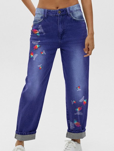 

Womens Butterfly Casual Printed Jeans, Blue, Jeans