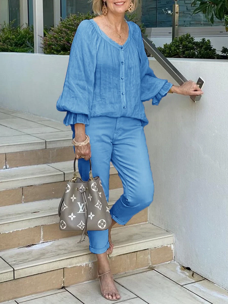 

Cotton-Blend Casual Two-Piece Set, Blue, Suit Set