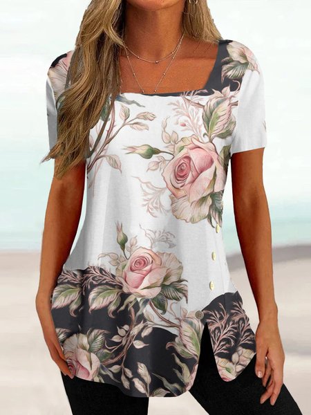 

Casual Regular Fit Square Neck Floral T-Shirt, White, T-Shirts