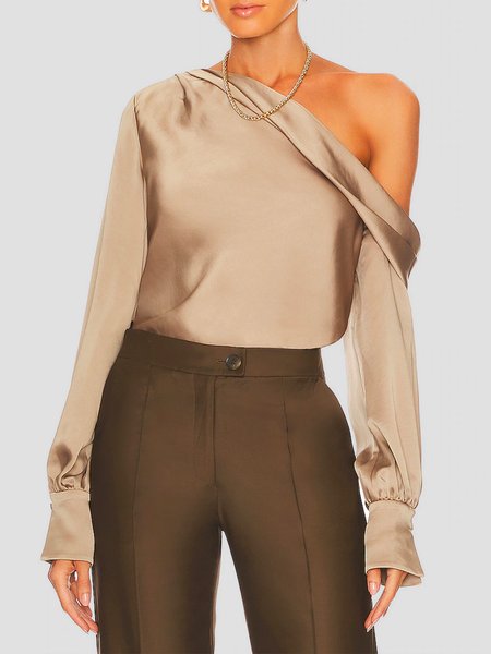

Plain Satin Cold Shoulder Elegant Blouse, Light coffee, Blouses and Shirts
