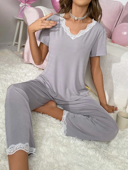 

Casual Plain V Neck Loose Two-Piece Set, Gray, Tops