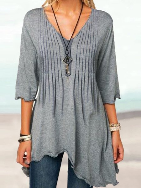 

Color Block Regular Fit Casual V Neck Top, Gray, Tops