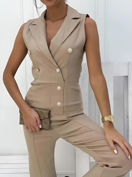

Regular Fit Lapel Collar Sleeveless Urban Plain Vest, Khaki, Vests and Gilets