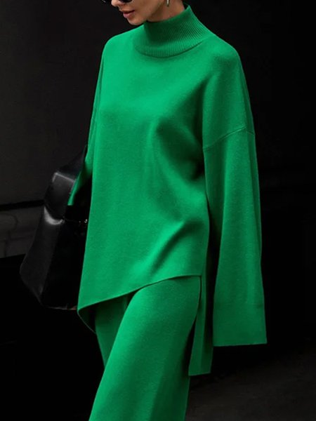 

Plain Loose Simple Half Turtleneck Sweater, Green, Pullovers