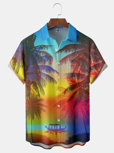 

Palm Tree Chest Pocket Short Sleeve Hawaiian Shirt, Blue, Men Shirts