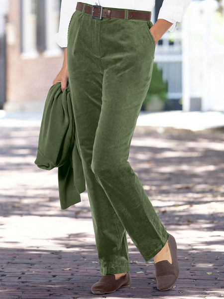 

Casual Plain Corduroy Regular Fit Casual Pants, Green, Pants