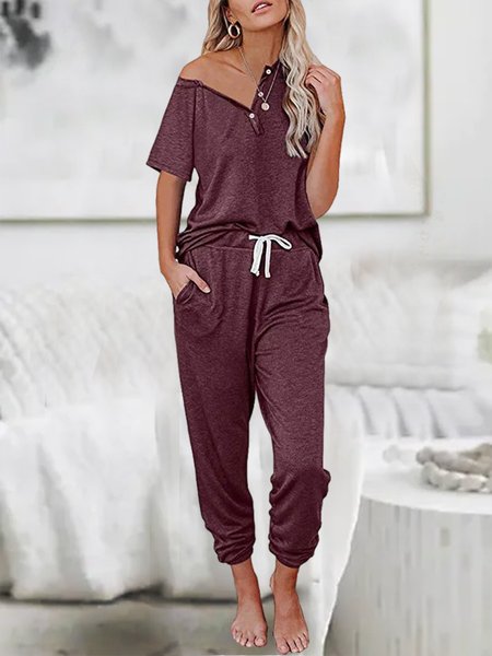 

V Neck Loose Plain Casual Two-Piece Set, Red, Tops