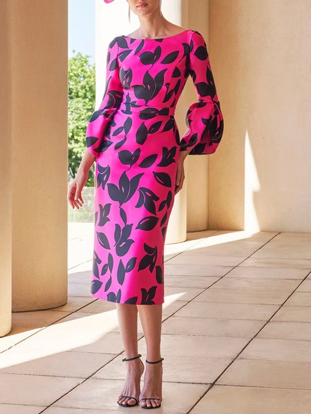 

Elegant Crew Neck Plants Regular Fit Midi Dress, Rose red, Midi Dresses