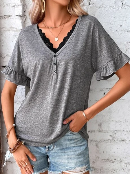

Casual Cotton-Blend V Neck Plain Top, Gray, Tops
