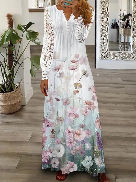 Lace V Neck Loose Floral Casual Dress