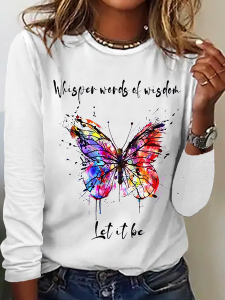 

Women's Whisper Wisdom Let It Be Butterfly Simple Long Sleeve Top, White, Long sleeves