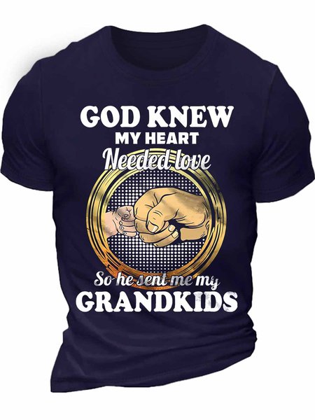 

Men's God Knew My Heart Needed Love So He Sent Me My Grandkids Funny Graphic Print Cotton Crew Neck Text Letters Casual T-Shirt, Purplish blue, T-shirts